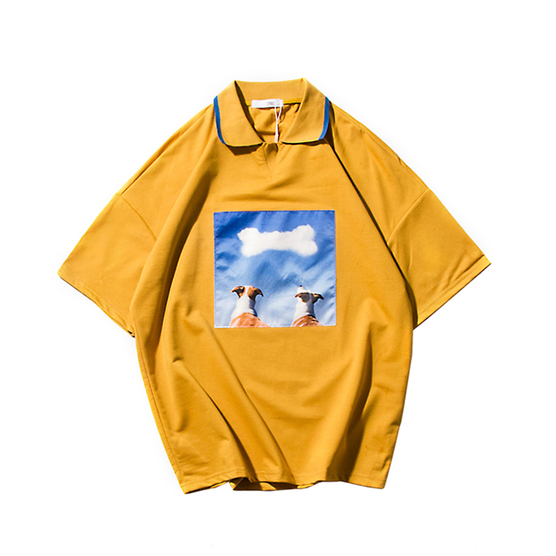 狗印花半短袖T恤男加肥加大码青年polo衫宽松夏款装翻领日系欧美