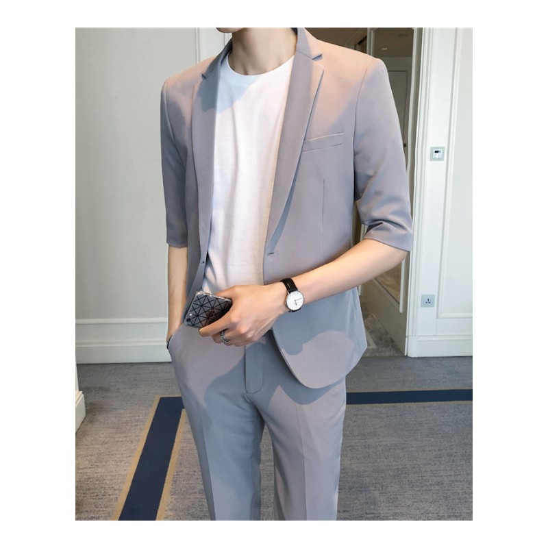 新款韩版休闲时尚男士中袖西服型师夜店气质修身西服套装男商务