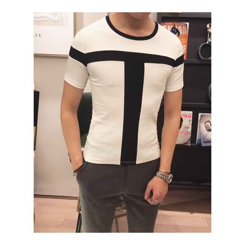 2018夏款新款男装小码英伦短袖T恤男休闲韩版修身圆领拼色T恤衫男