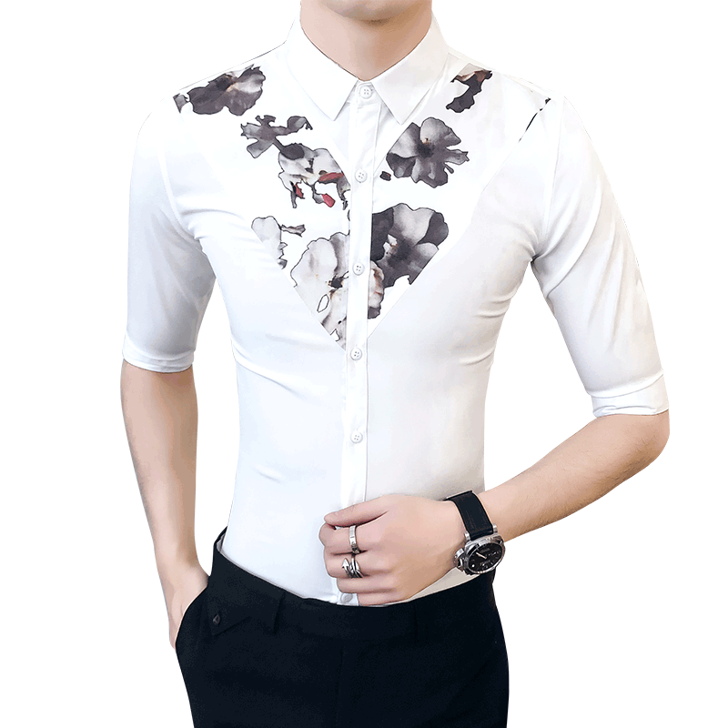 夏款中袖衬衣男韩版修身印花七分袖衬衫男青年气质短袖衬衣型师