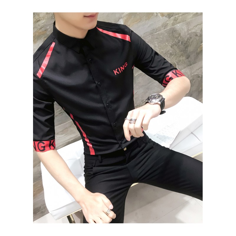 2018新款韩版青年修身中袖衬衫男型师气质个性印花七分袖衬衫男