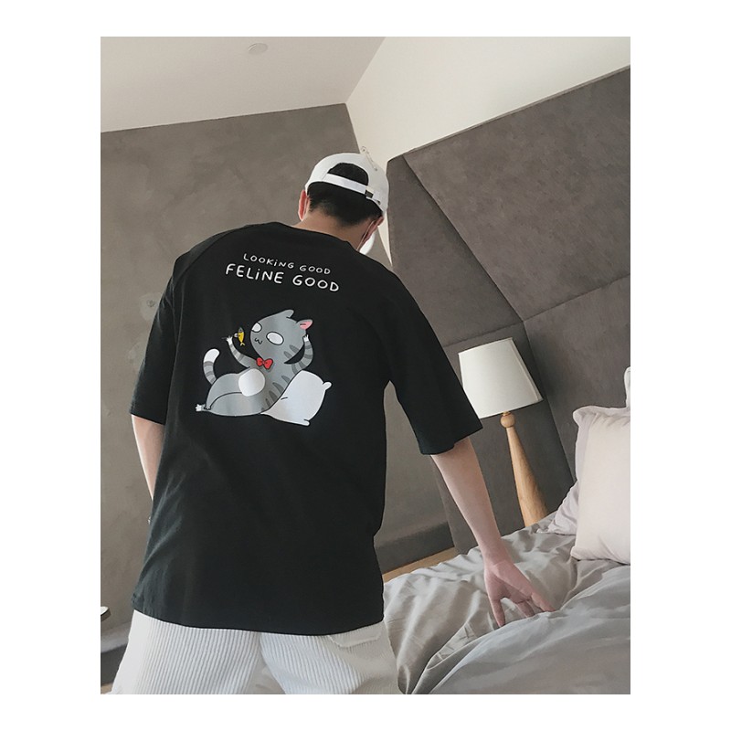 港风男士2018夏款韩版气质时尚卡通半截短袖T恤宽松休闲圆领体T恤