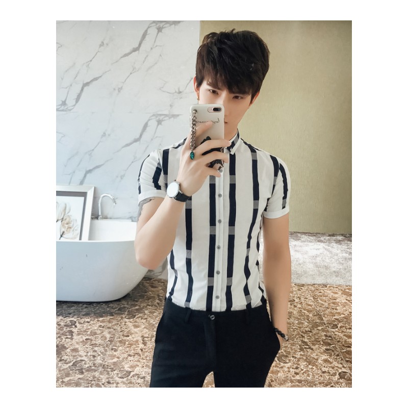 条纹男型师韩版纯色工作短袖衬衣设计师夏款气质显瘦休闲衬衫