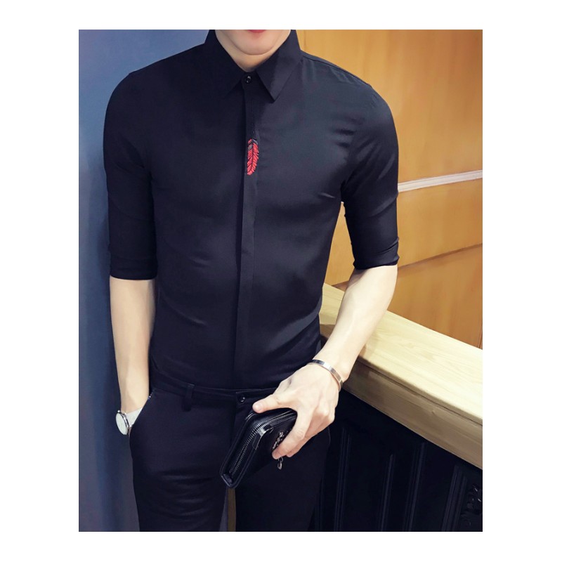 新款男青年韩版修身刺绣七分袖衬衫百搭工作服型师潮帅气中短袖