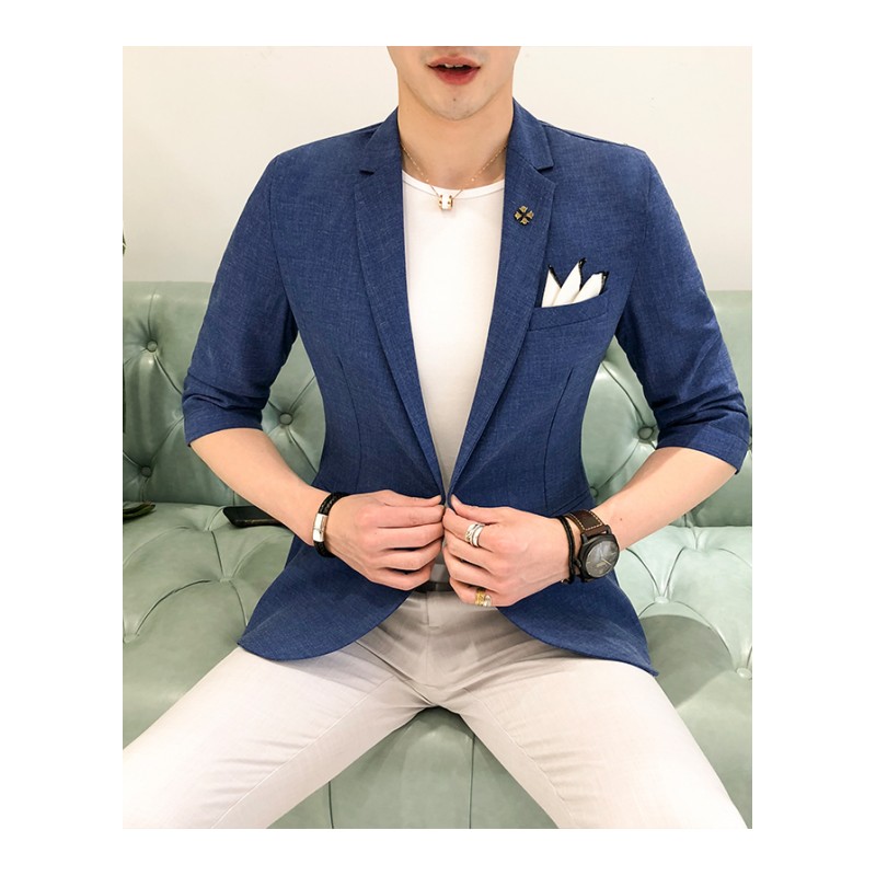 2018新款韩版纯色中袖西服男士薄款青年修身格纹西服外套型师潮