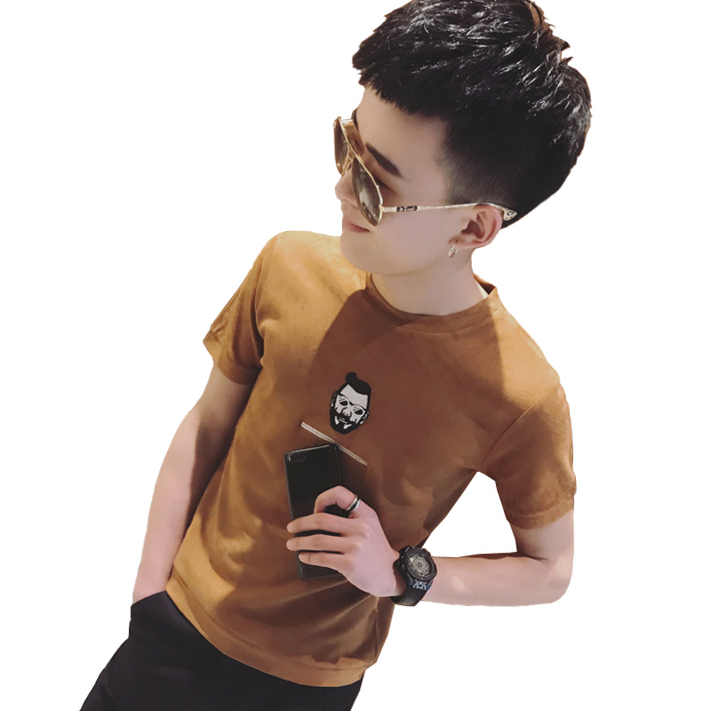 2018夏款个性男士麂皮绒胸前修身韩版潮男小人头T恤青年紧身半袖T