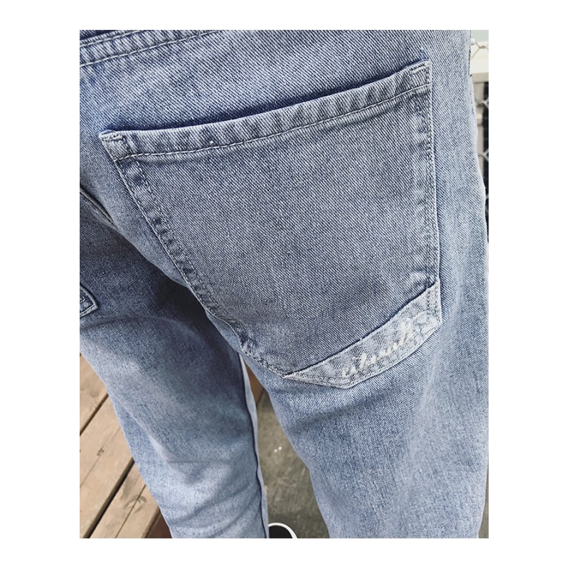 春夏气质牛仔裤男九分裤简单款浅色修身青年9分男裤百搭串标裤子