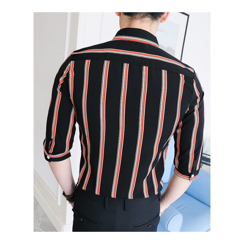 夏款男士竖条纹半袖衬衫五分袖衬衣韩版潮修身夜店型师中袖寸衫