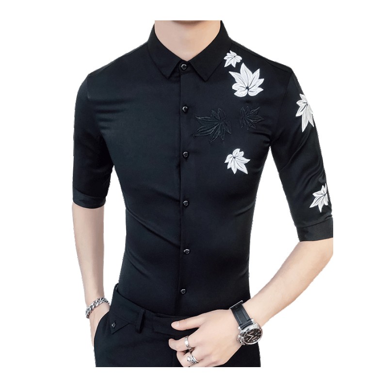 时尚刺绣修身七分袖衬衫韩版型师中袖衬衣气质个性绣花短袖衬衫