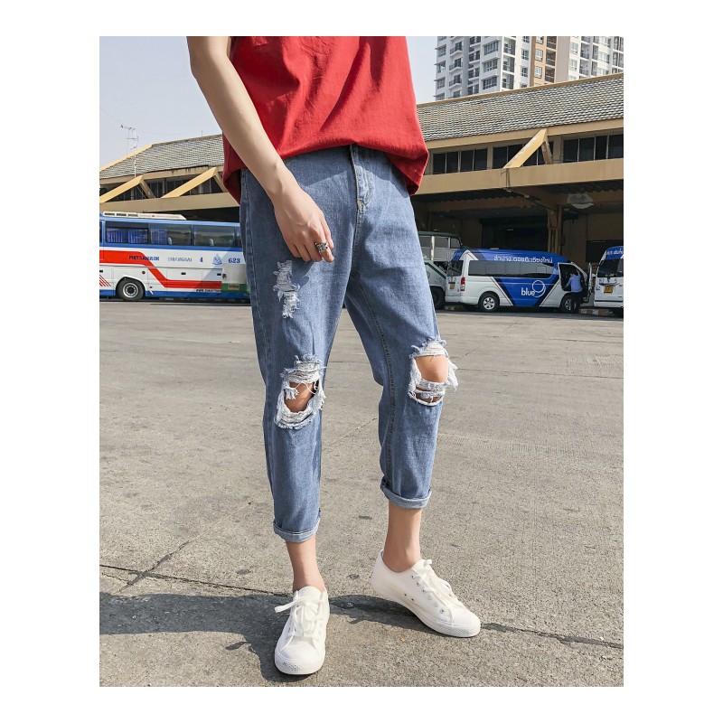 港风夏款新款破洞九分牛仔裤情侣韩版宽松bf风显瘦小直脚乞丐裤潮