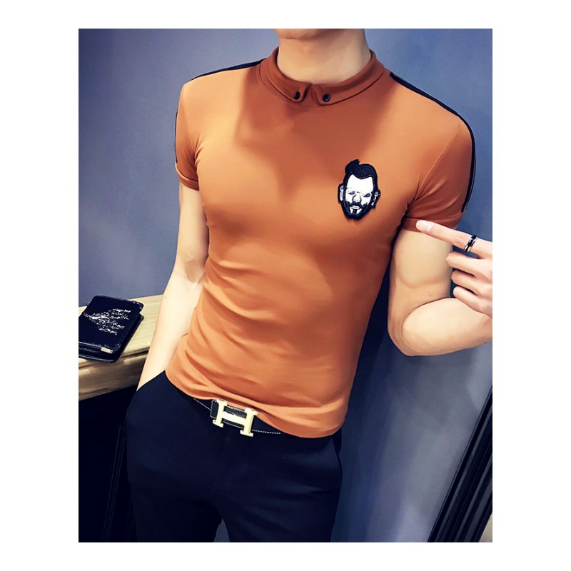 夏款圆领短袖T恤男POLO衫修身韩版气质纯色潮牌体恤社会精神小伙