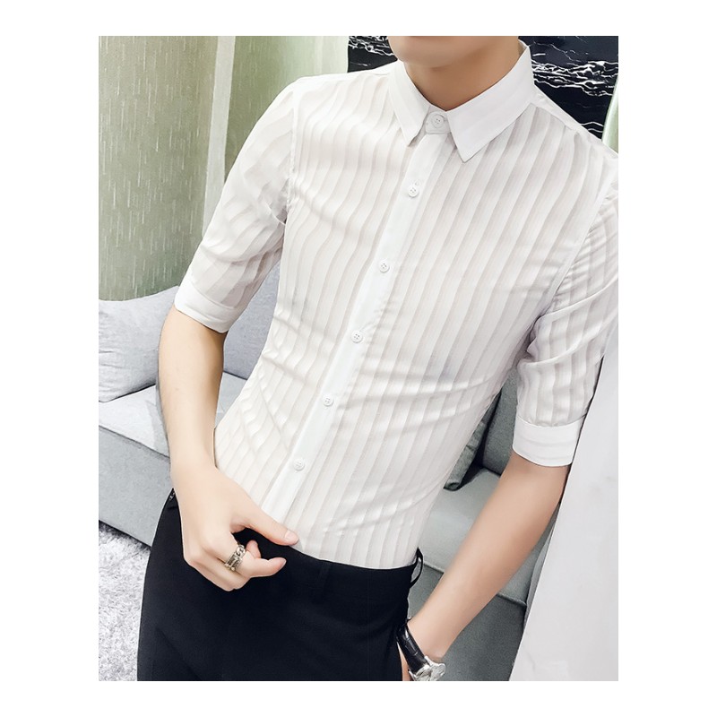 2018夏款新款男士韩版修身短袖衬衫型师七分袖条纹透视中袖衬衣