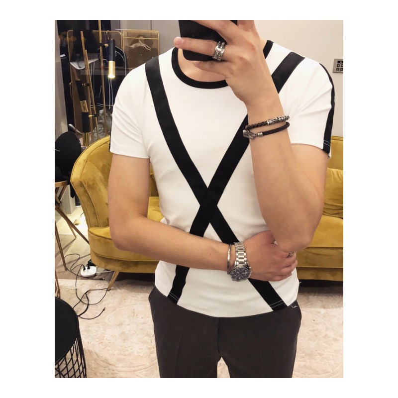 2018年轻绅士英伦短袖T恤男夏装休闲男士修身圆领拼色青少年T恤衫