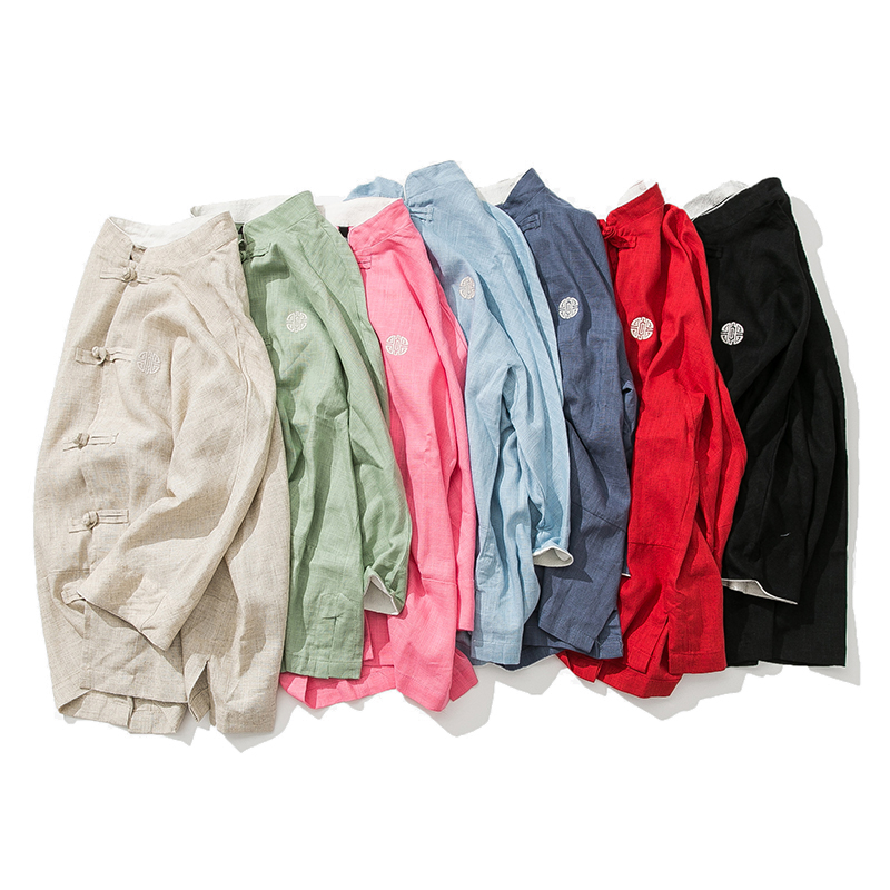 复古中国风亚麻上衣夏款七分袖棉麻衬衫加肥加大码7分短袖男装