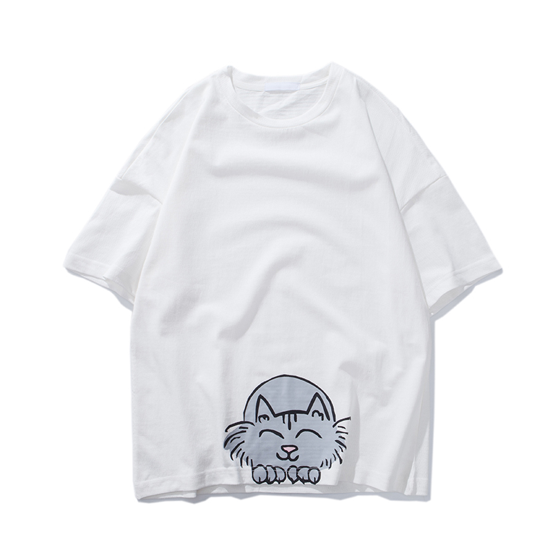 2018夏款年轻男装创意印花猫咪短袖 日系宽松半袖帅气T恤百搭男