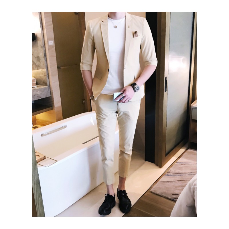 2018潮男韩版中袖西服套装男夜店型师气质纯色修身五分袖小西装