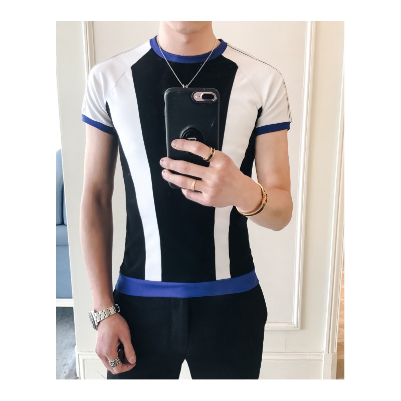 2018夏款年轻英伦拼色短袖T恤男士修身帅气上衣服韩版帅气半截袖