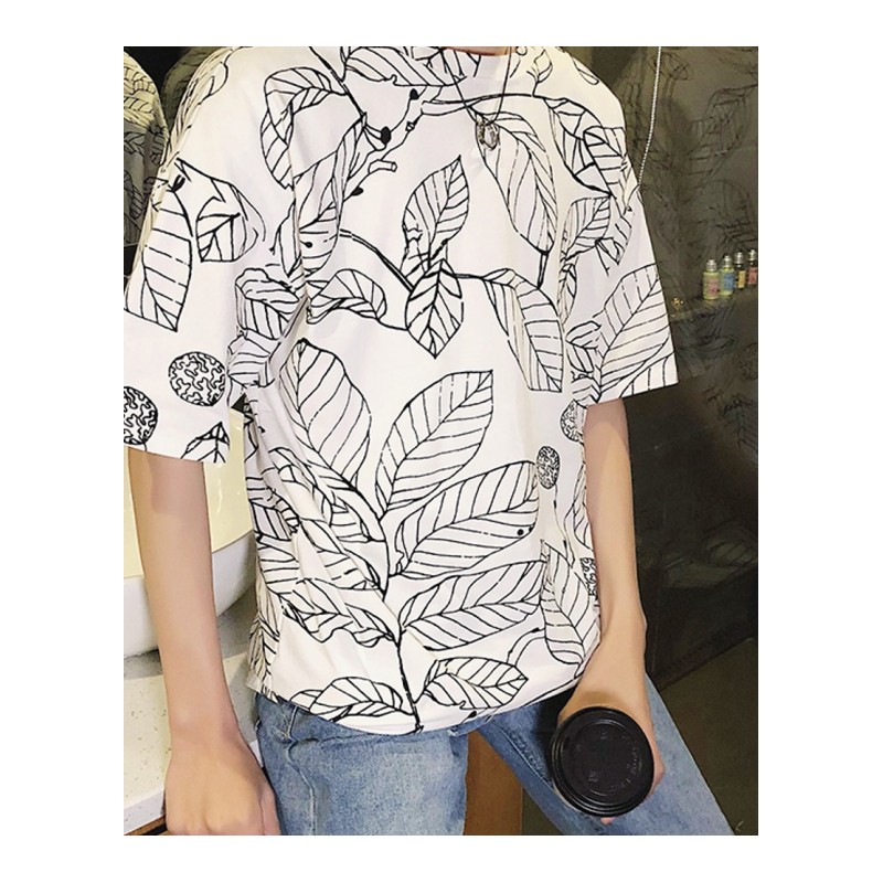 2018夏款年轻男士树叶印花半袖衫花色圆领短袖T恤青年韩版男体恤