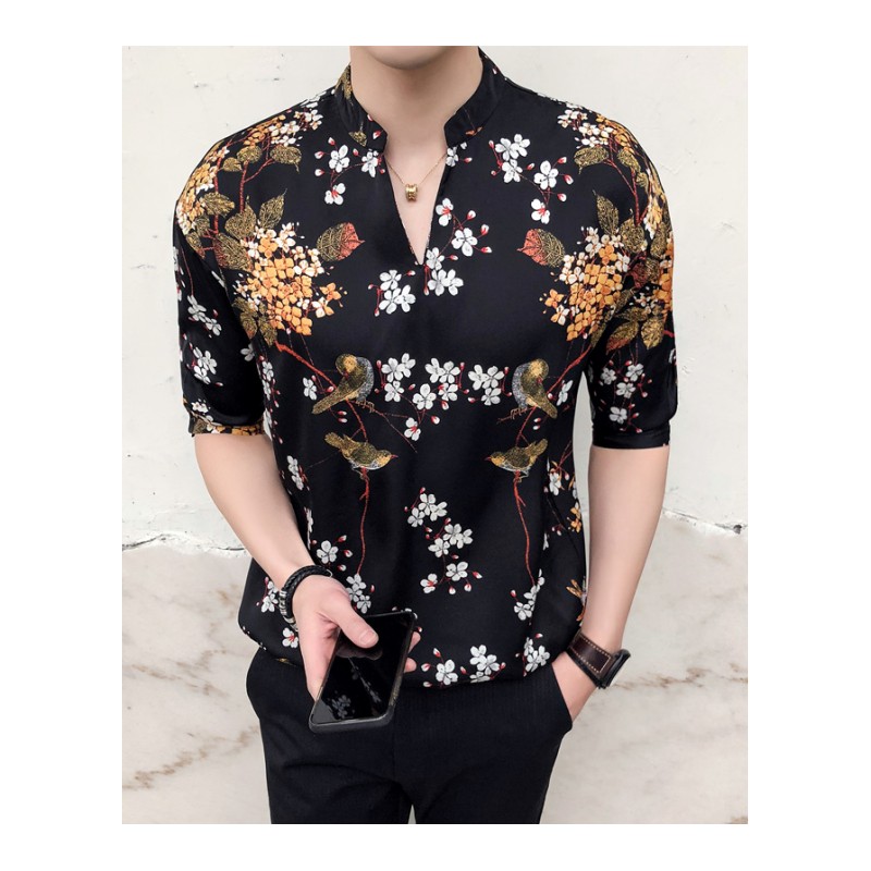 2018夏装年轻男士七分袖衬衫帅气宽松花衣服休闲立领青年中袖寸衣