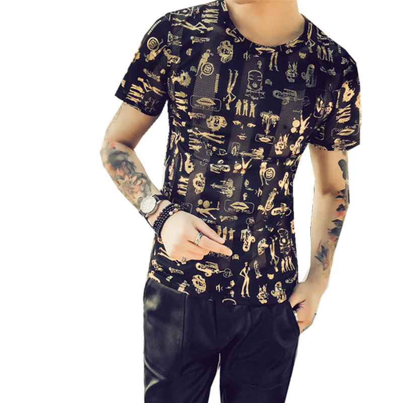 2018硬汉风夏装年轻英伦男个性印花镂空短袖T恤韩版修身休闲夜店T