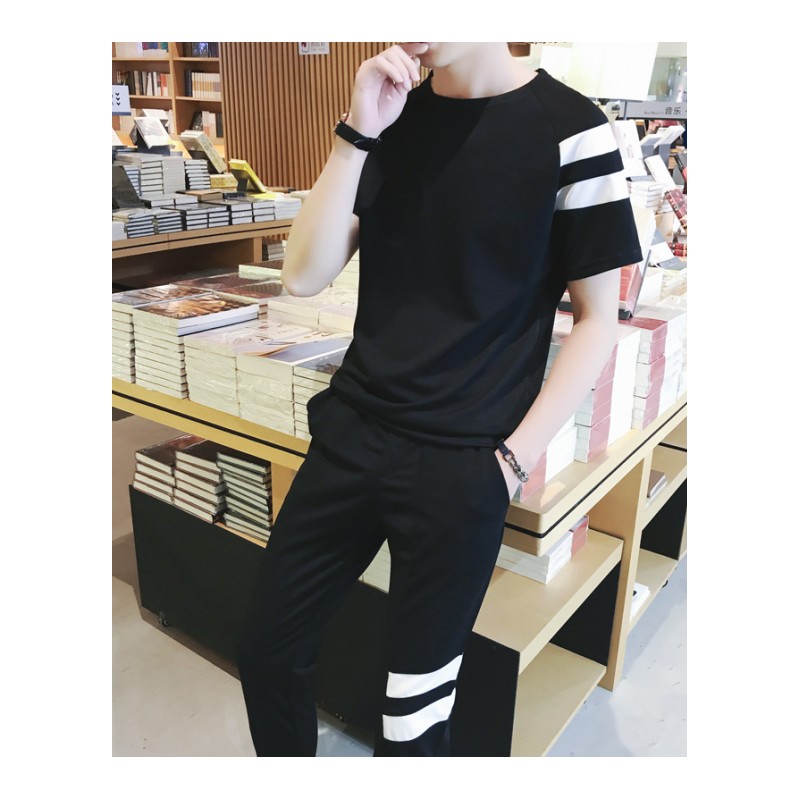 夏款休闲运动套装男2018春夏韩版帅气学生青年短袖圆领T恤两件套