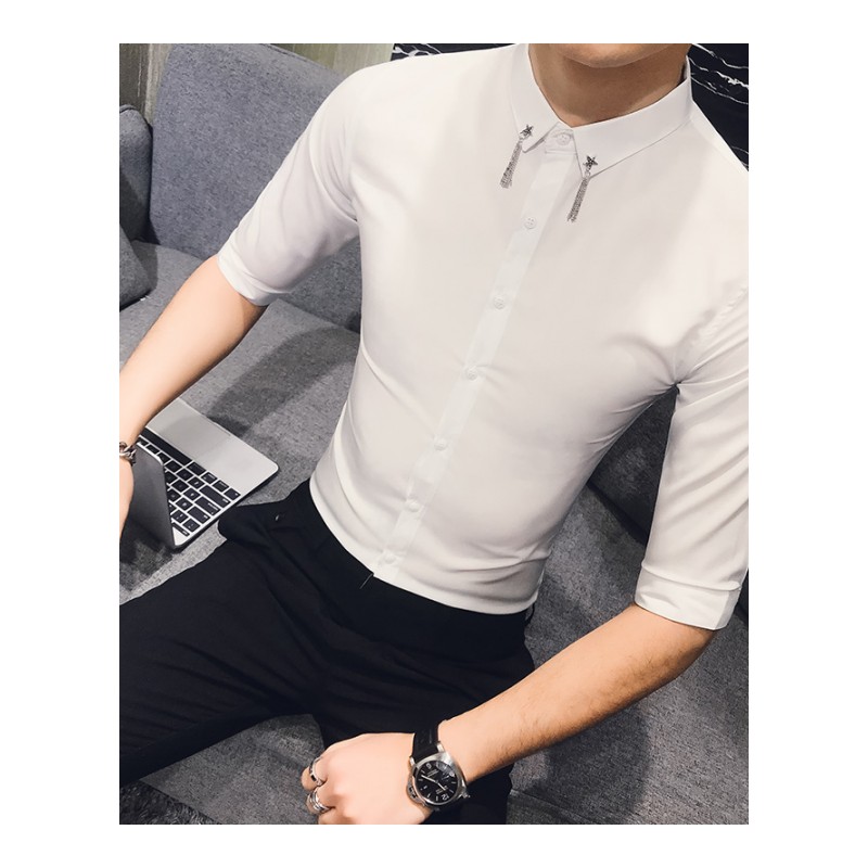 2018春夏年轻男士七分袖中袖衬衫韩版修身型师工作服青年潮寸衣