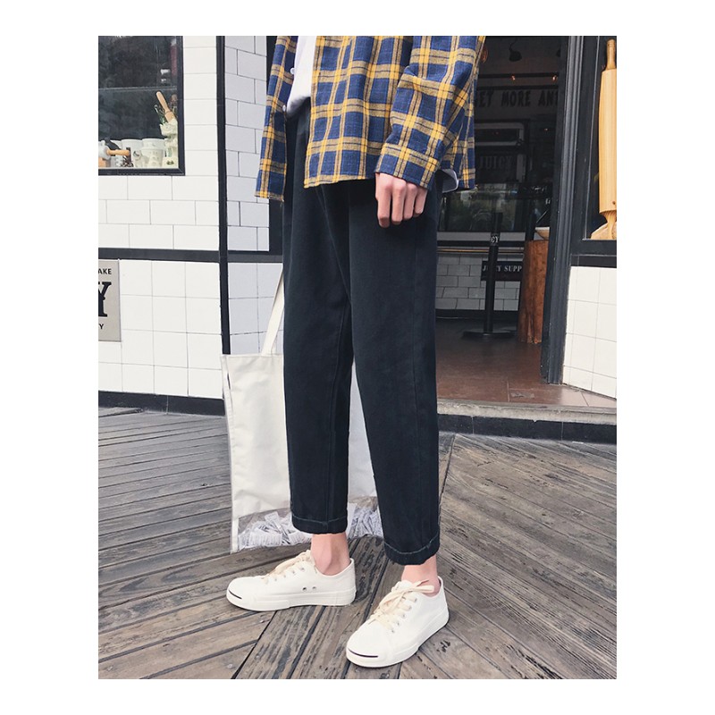 2018春夏款年轻牛仔裤青少年简约百搭纯色九分裤男士修身小脚裤潮