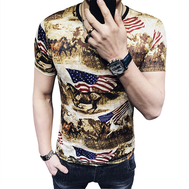 夏款男士短袖T恤韩版半袖社会精神小伙个性红人青年圆领修身潮