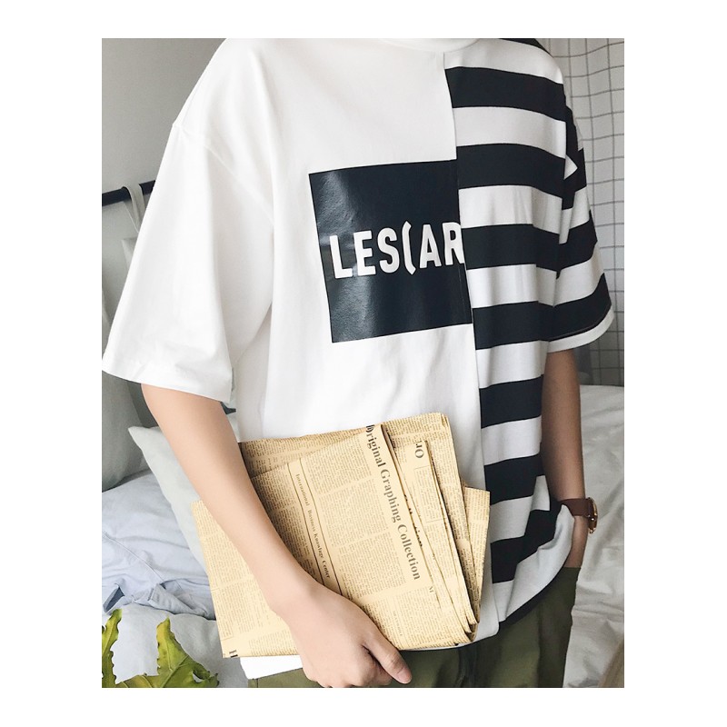 夏款年轻左右条纹拼接短袖T恤帅气个性港风文艺落肩汗衫帅气学生t