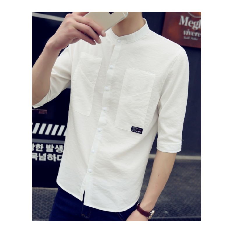 夏款薄款简约纯色修身衬衣男2018年轻青少年立领休闲短袖衬衫帅气