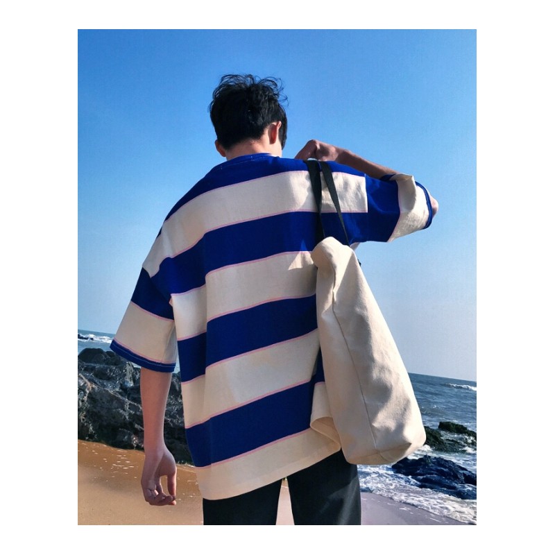 条纹插肩袖中袖大码短袖T恤港风年轻夏款男士T恤圆领韩版情侣夏装