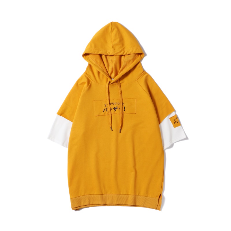 港风2018夏装帅气休闲年轻青少年韩版帅气假两件连帽短袖T恤