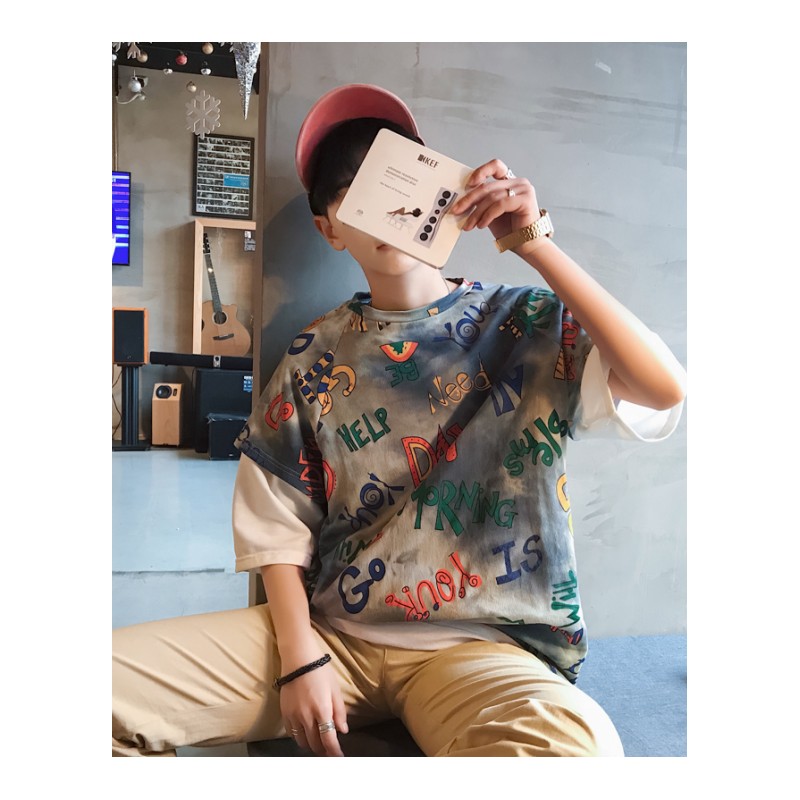 夏款短袖T恤男学生假两件BF原宿风韩版情侣宽松百搭上衣打底衫潮