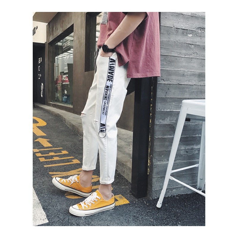 港风春夏年轻膝盖一字破洞牛仔裤男九分侧边织带铁环装饰百搭休闲