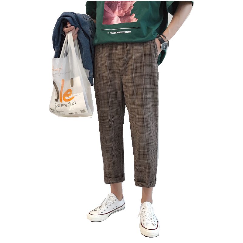 2018夏款年轻韩版帅气宽松简约百搭格子裤复古九分休闲裤男装裤子