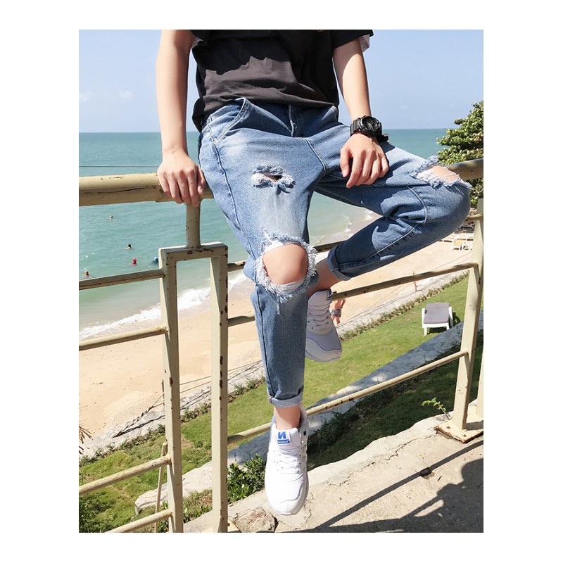 春夏款韩版男士牛仔九分裤薄款日系帅气修身浅色膝盖破洞乞丐裤子