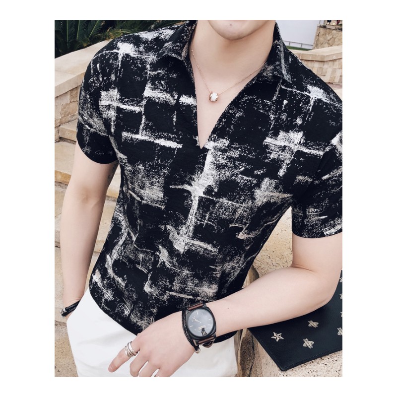 夏款潮男衬衫男短袖韩版帅气男士花衬衣青年休闲修身帅气寸衫衣服