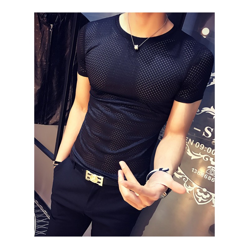 夏款短袖T恤男镂空上衣青年纯色v领修身半袖型师青年网眼透气潮
