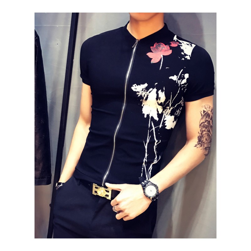 拉链短袖T恤男2018夏款年轻韩版帅气男士修身印花个性半截袖体恤