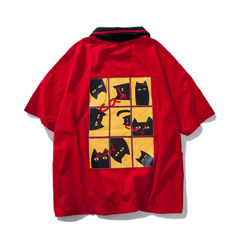 2018年轻夏款面料宽松落肩袖印花翻领T恤男女 短袖BF风体恤情侣装