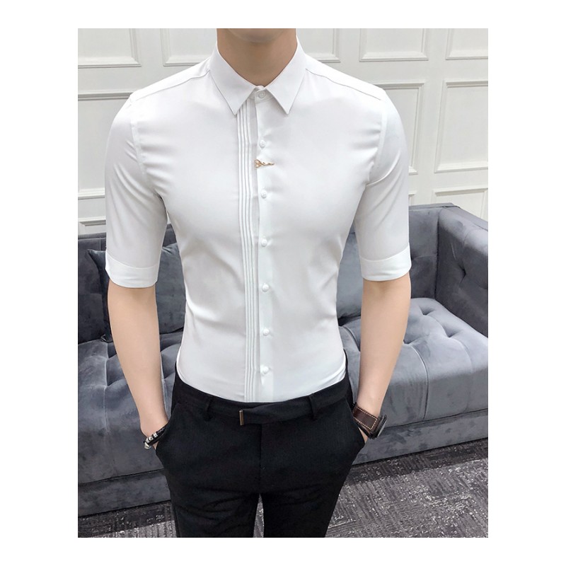 2018夏款休闲帅气精神小伙夜店型师五分袖衬衫修身半袖衬衣男潮