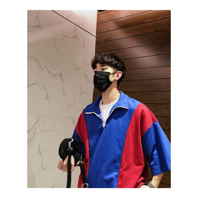 夏款年轻七分袖体恤衫宽松拼色 短袖港风T恤翻领男装黑白撞色学生
