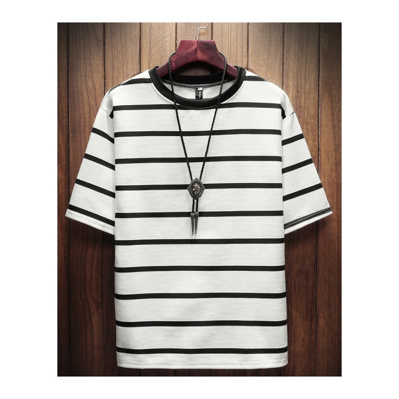 2018夏款帅气休闲潮人五分袖潮人休闲学生青年帅气条纹短袖T恤