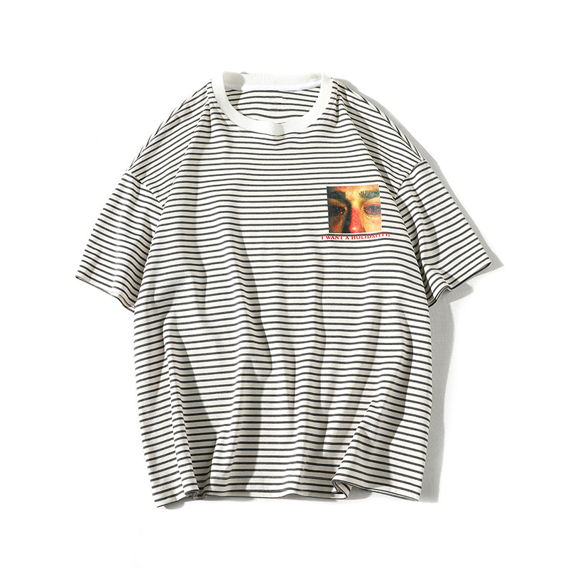 2018夏款年轻印花条纹短袖T恤男士加肥大码圆领上衣韩版帅气男装