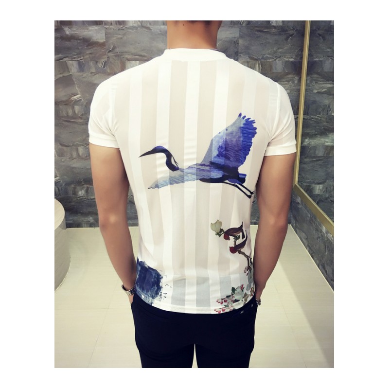 夏款潮镂空半截袖社会小伙男青年网红修身夜店个性印花短袖T恤