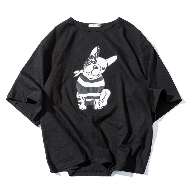 2018夏季年轻小狗印花短袖T恤男士加肥大码圆领衣服韩版帅气男装