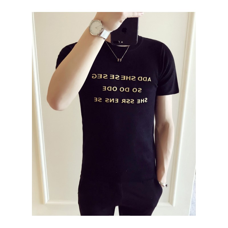 短袖针织衫男2018夏款年轻韩版男士修身圆领字母印花毛衣半袖T恤