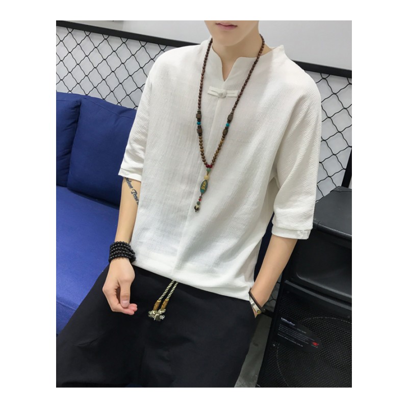 中国风夏款亚麻V领T恤男七分袖棉麻料短袖男上衣复古宽松中式汉服