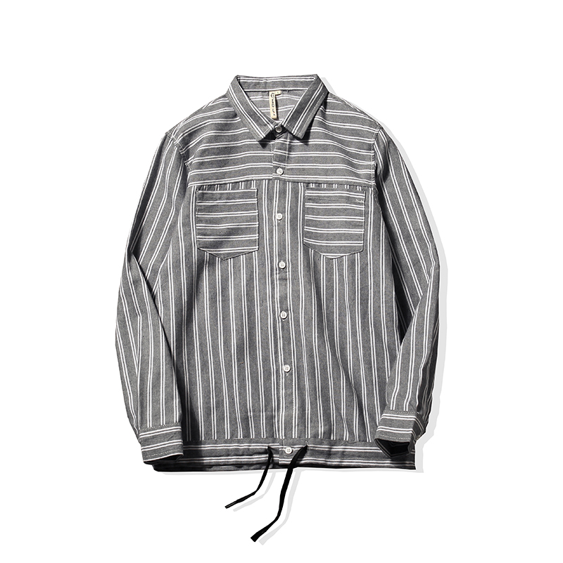 2018春年轻衬衫男士韩版潮长袖青少年条纹修身衬衣港风休闲情侣装