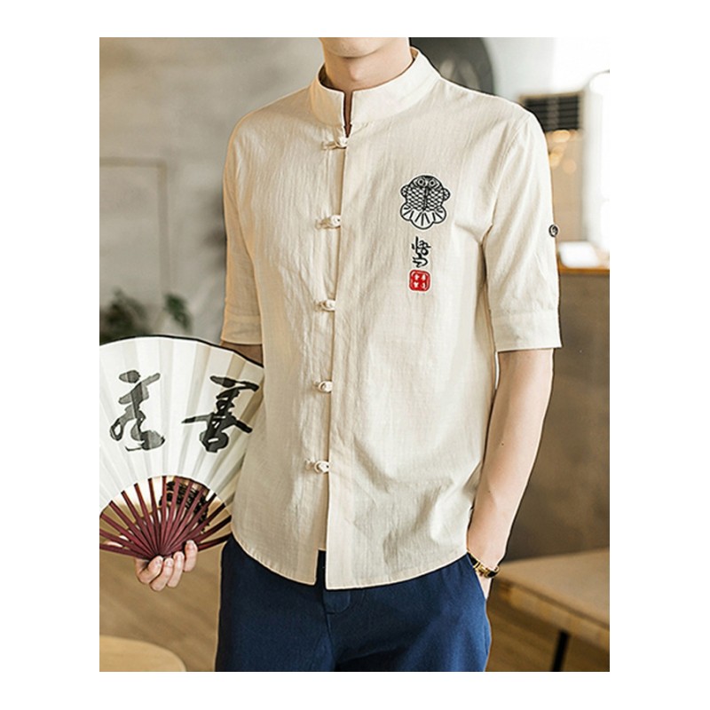 中国风男装刺绣短亚麻袖衬衫复古风夏款衬衣中式盘扣立领休闲修身